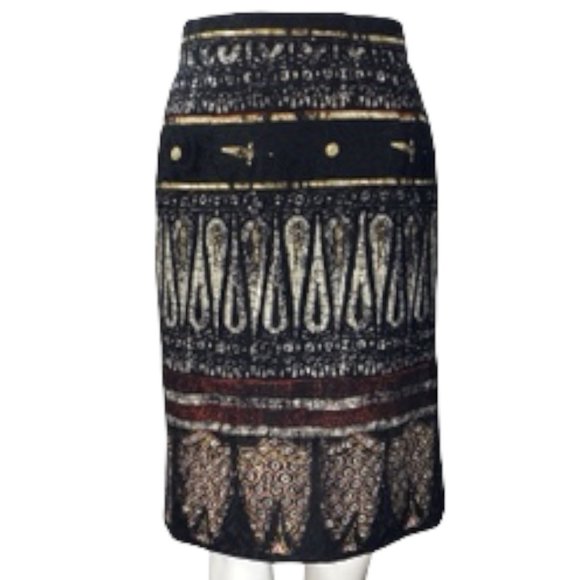 Patricia Rhodes Black Wool Silk Blend Ethnic Print Skirt 6 - Picture 4 of 12